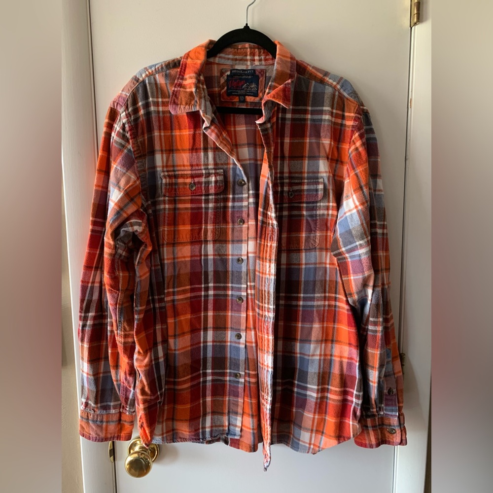 Old Navy Vintage Orange and Blue Flannel Casual Button Down Shirt